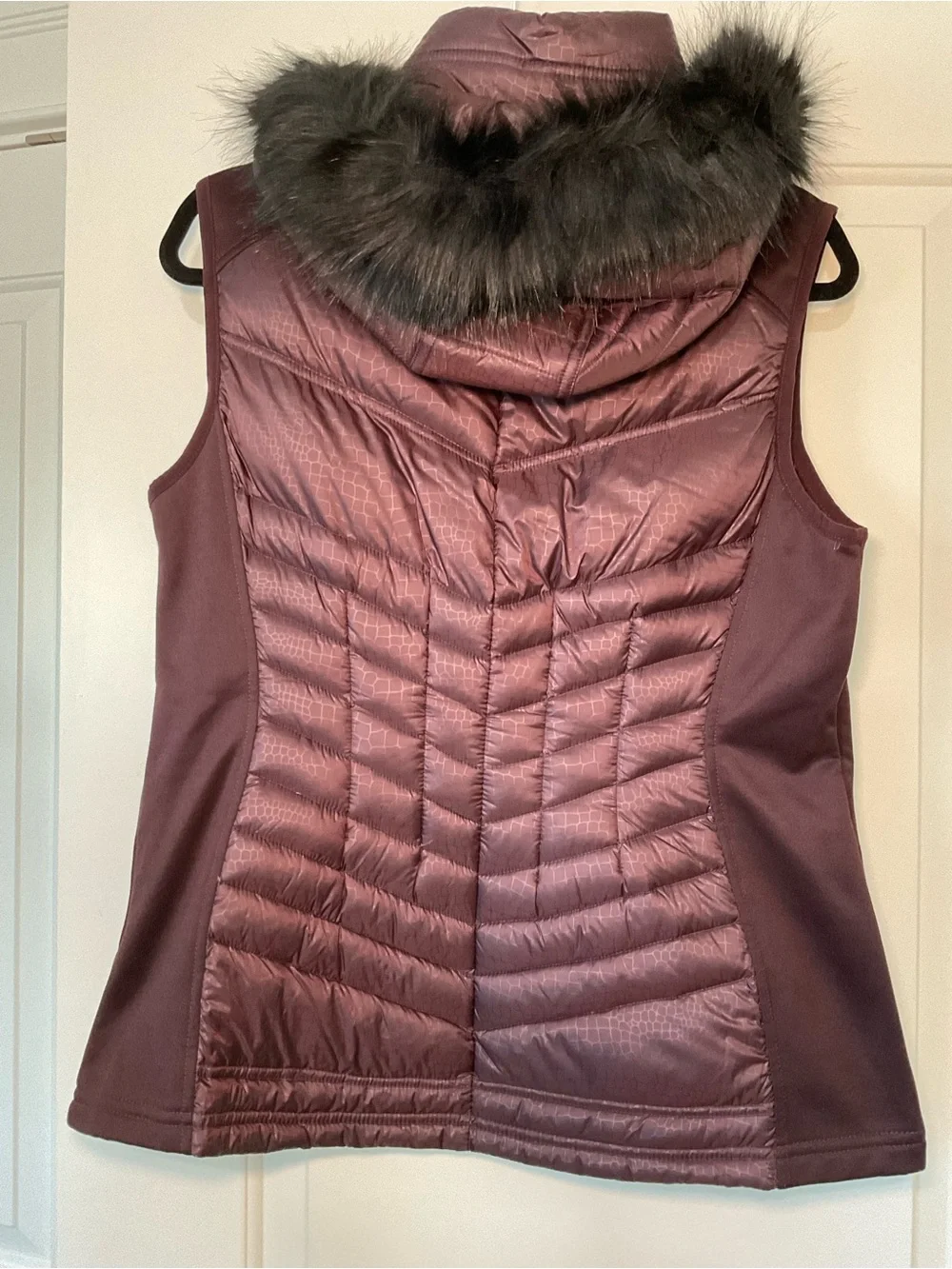 Michael Kors Quilted Hooded Vest in Deep Burgundy with Fur Trim
